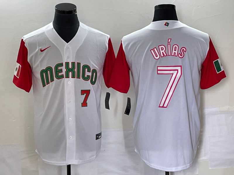 Men%27s Mexico Baseball #7 Julio Urias Number 2023 White Red World Classic Stitched Jersey42